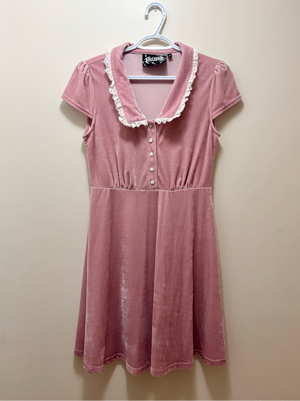 Killstar velvet babydoll dress pastel goth pink lace trim buttons vintage doll